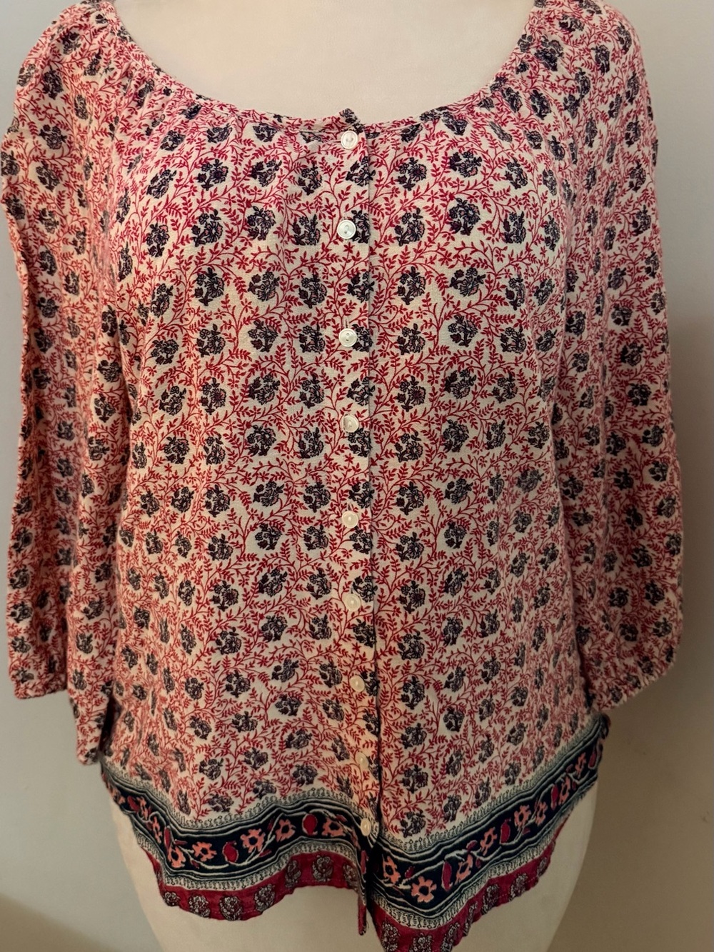 Lucky Brand L Cotton Floral Border Print Boho Peasant Blouse Hippie
